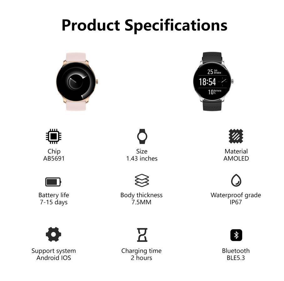 Ultra Slim Smart Watch For Men Women, 1.43 AMOLED SCREEN - Elite style
